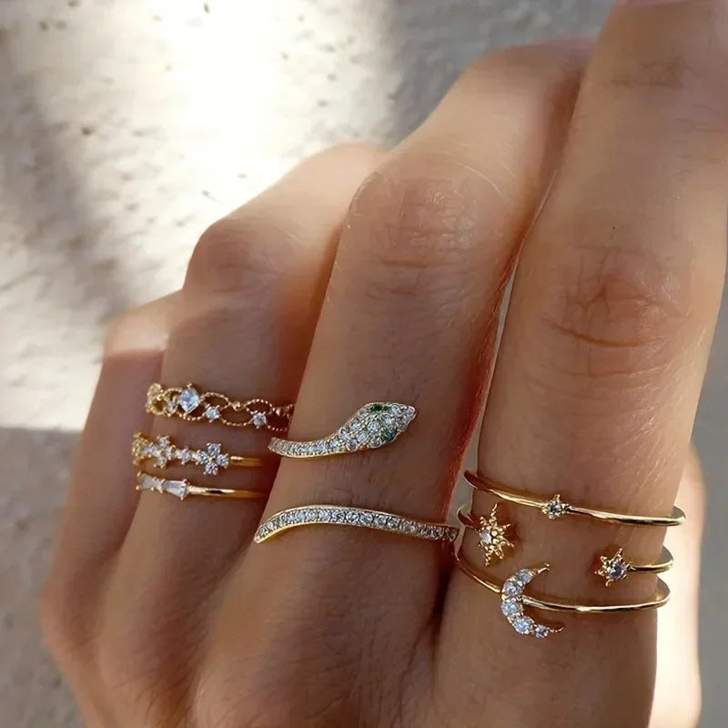 10Pcs Rings Suit For Women Silver-color Chain Ring Set Bohemian Style Coin Snake Moon Star Party Trend Gift Jewelry  rings