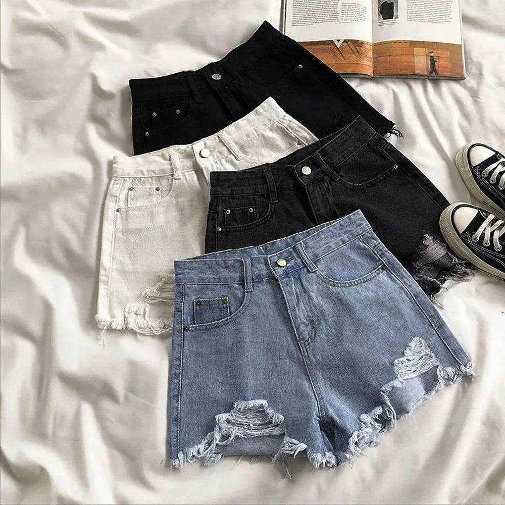 Women's Cowboy Shorts High Waist Casual Blue Denim Shorts Pocket Tassel Perforated Fashion Shorts Y2K Female Jeans shorts