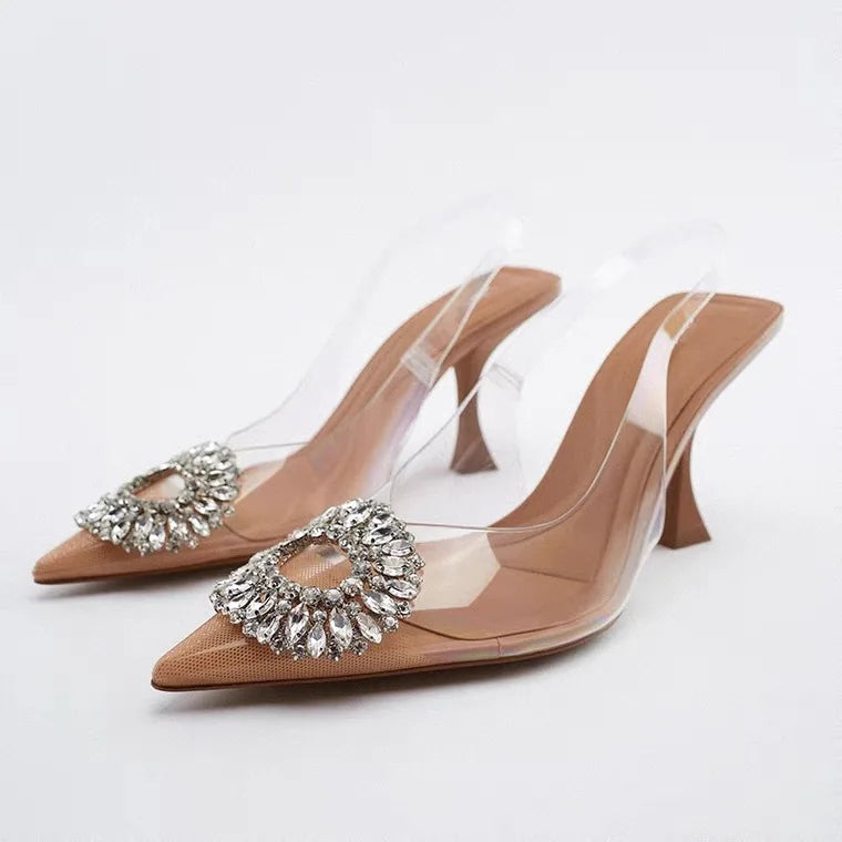 Luxury Brand Women High Heels Rhinestone Fashion Sandals 2023 Summer Transparent Shoes Ladies Pumps Slingbacks Plus Size 42