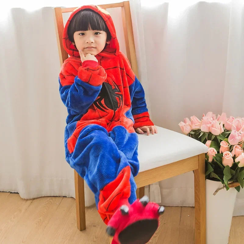 Boy Girl Children Spider Red Pajamas Set Flannel Kids Animal Cartoon Cosplay Hooded Pijama infantil Kigurumi Sleepwear