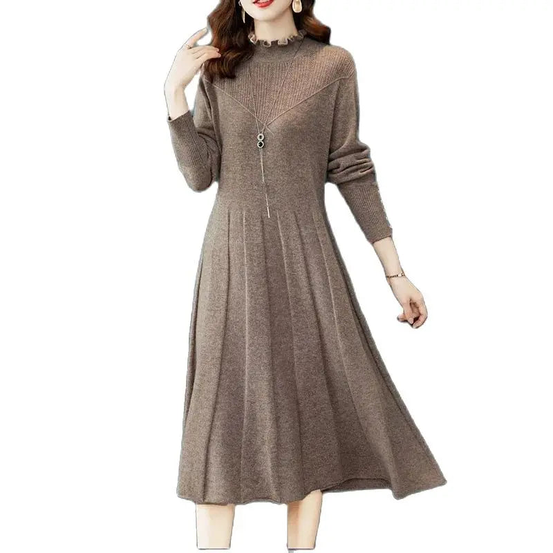 New Woolen Dress Women's Long Pullover Loose Over Knee Dress Versatile Elegant Knitwear Bottom Long V-Neck long  Dress