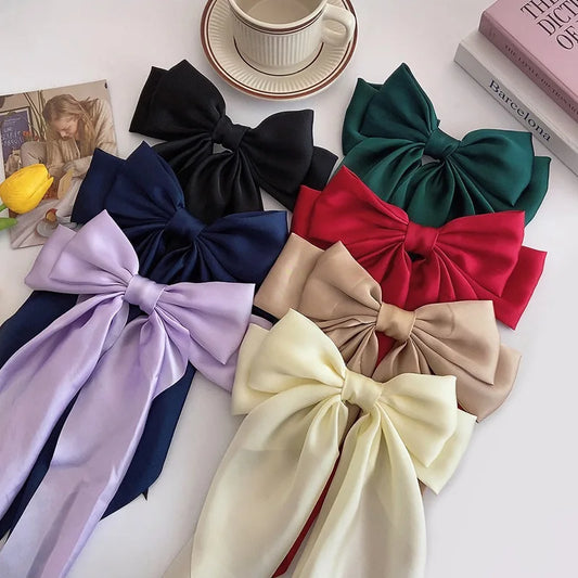 3pcs Set Solid Color Satin Ribbon Bows Hairpin Spring Clips Hair Accessories for Women Girls Trendy Korean Headwear   hairclips