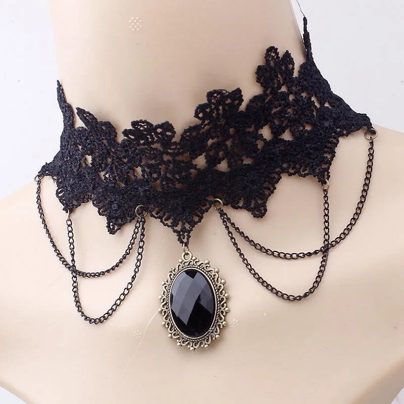 Gothic Victorian Black Lace Necklace Women Girl Boho Crystal Tassel Sexy Lace Choker Dark Loli Style Jewelry  necklace