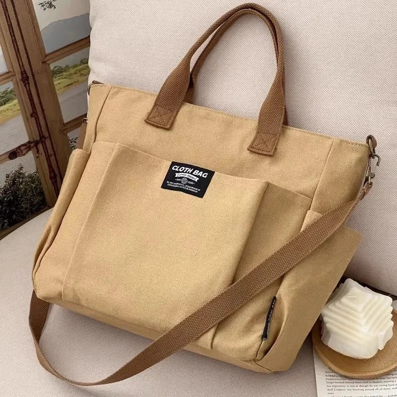 Urban Minimalist Female Student Large Capacity Commuting Horizontal Canvas Single Shoulder Diagonal Cross Portable Tote Bags