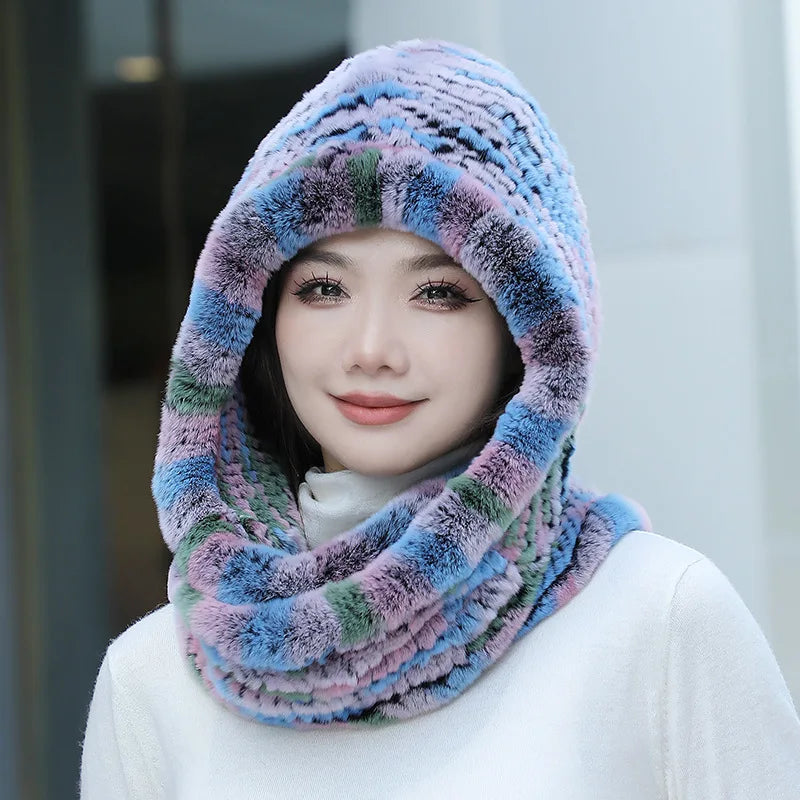 Hot Sale New Women Real Knitted Rex Rabbit Fur Hat Hooded Scarf Long Winter Warm Fur Hat With Neck Collar Scarves Hat Scarf scarf and shawl