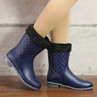 Rain Boots ladies Rubber Warm Shoes New Plaid Casual Rain Boot Water Shoes