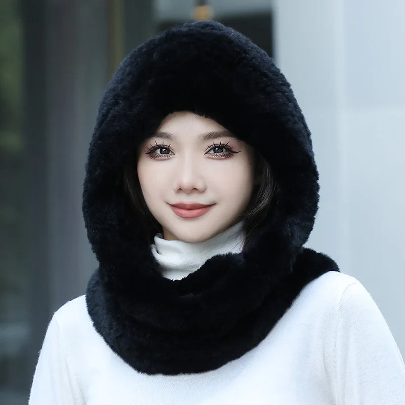 Hot Sale New Women Real Knitted Rex Rabbit Fur Hat Hooded Scarf Long Winter Warm Fur Hat With Neck Collar Scarves Hat Scarf scarf and shawl