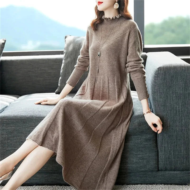 New Woolen Dress Women's Long Pullover Loose Over Knee Dress Versatile Elegant Knitwear Bottom Long V-Neck long  Dress