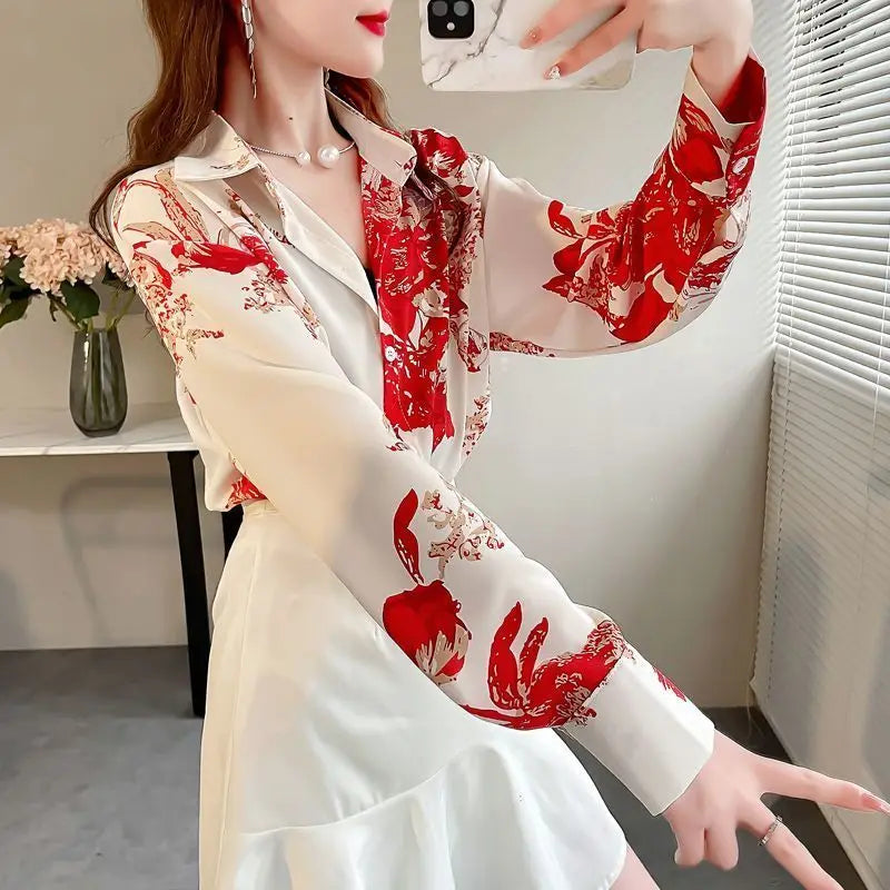 Polo Collar Long Sleeve Printed Blouse Casual Versatile Western Commuting Sweet Clothing Women Shirts