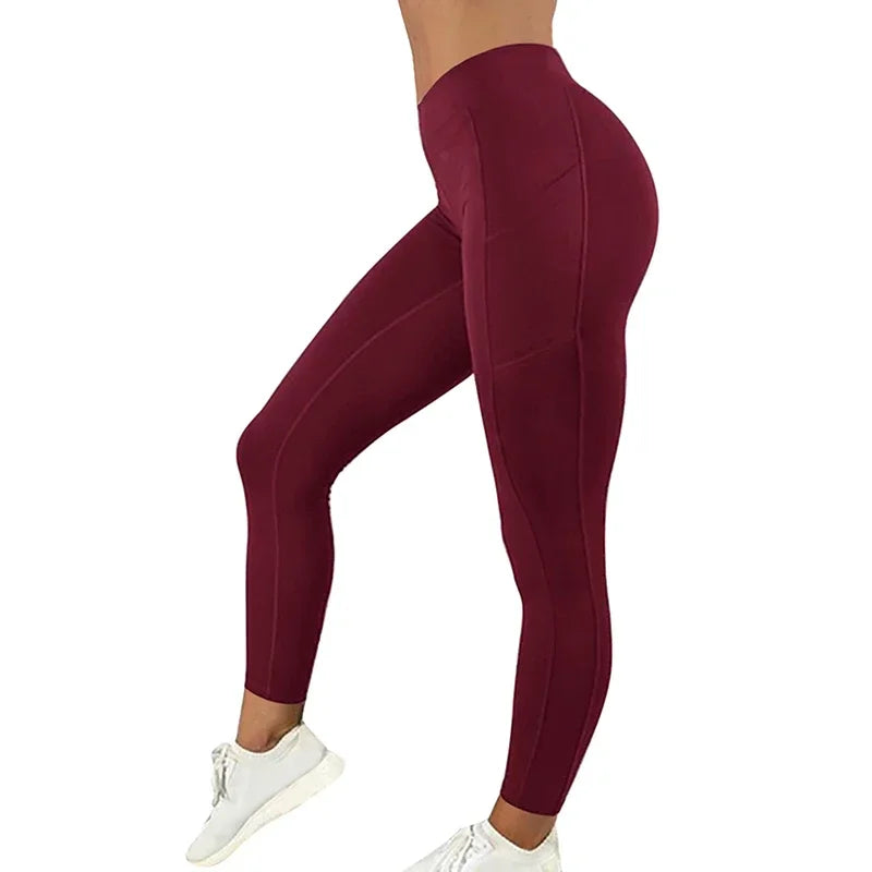 Plus Size Pocket Yoga Pants Women Solid Fitness Sports Leggings High Waist Elastic Gym Tights Female Running Trousers sports