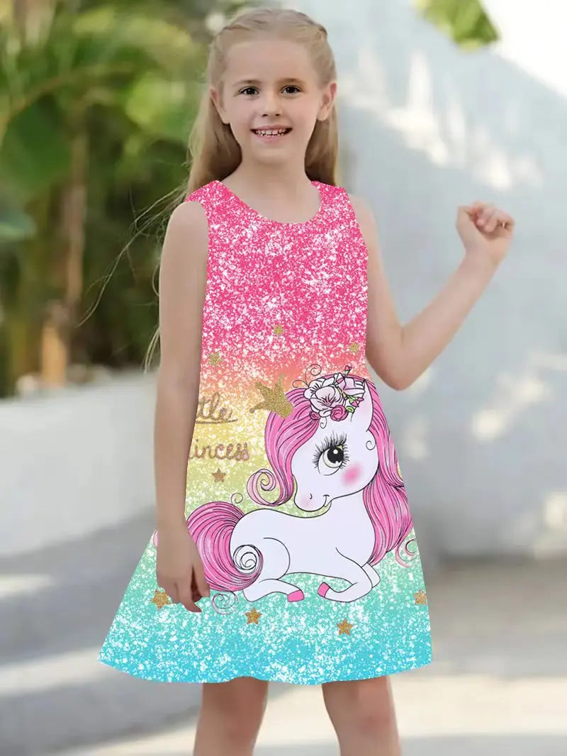 Summer Dress For Young Girls  Kids Clothes Casual Sleeveless 3D Print Children Princess Unicorn Girl Dress From 2 to 7 Years girls dresses