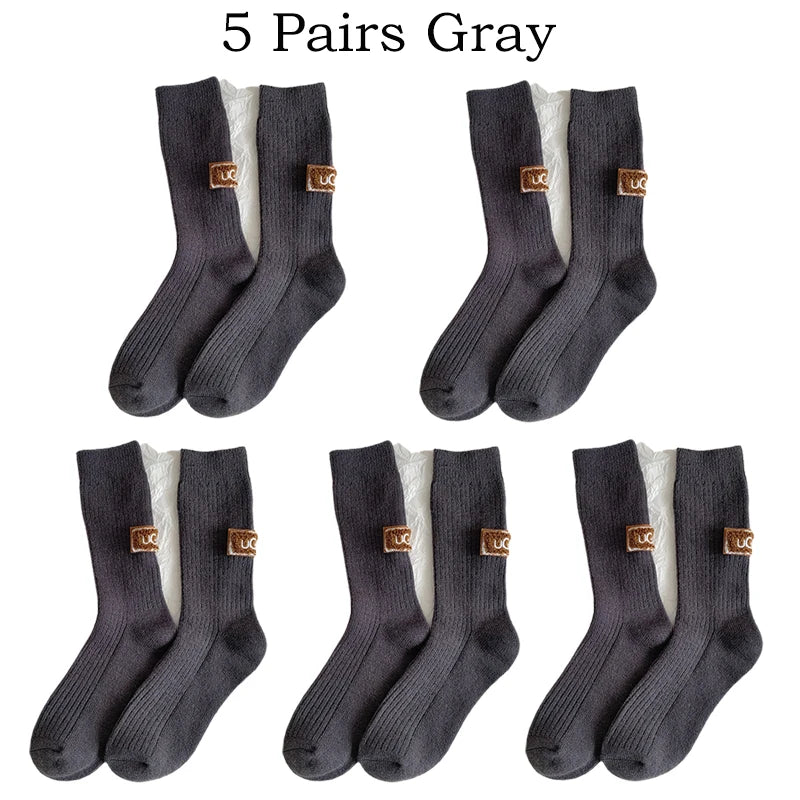 5 Pairs Winter Socks Women Cashmere Wool Socks Solid Warm Thickened Pile Embroidered Logo Mid-Calf Socks Casual Snow Boot Socks