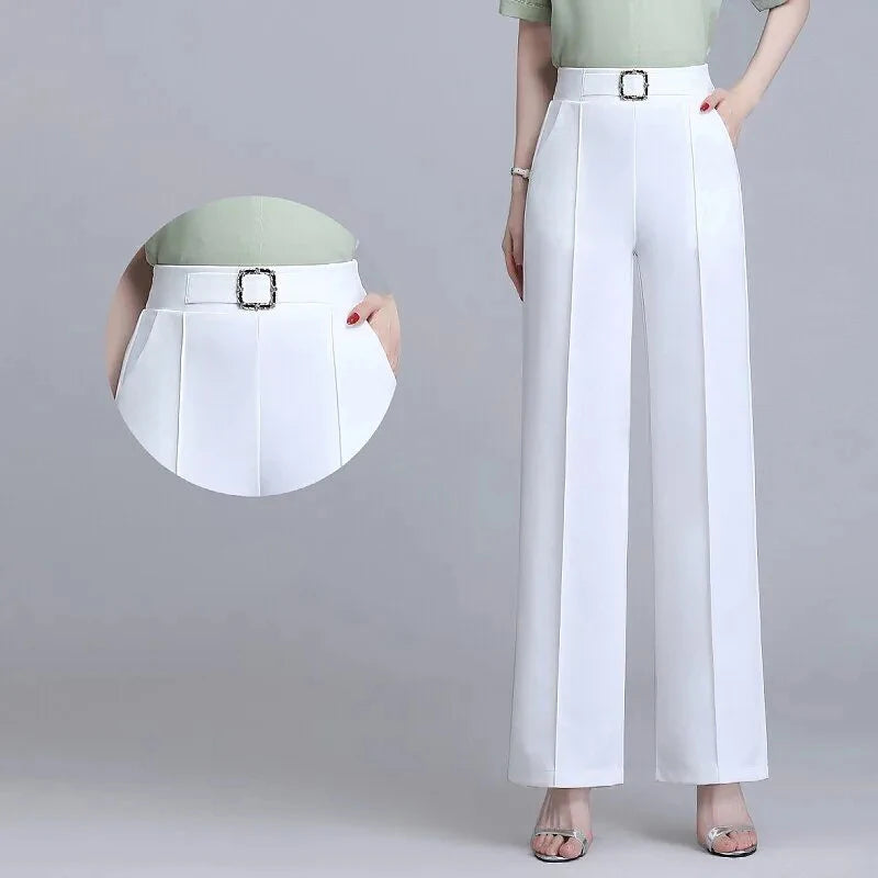 Khaki High Waist Ice Silk Wide Leg Pantalones 2023 Summer Design Mom's Straight Trousers Elegant Elastic Waist Baggy Pants Women bottom