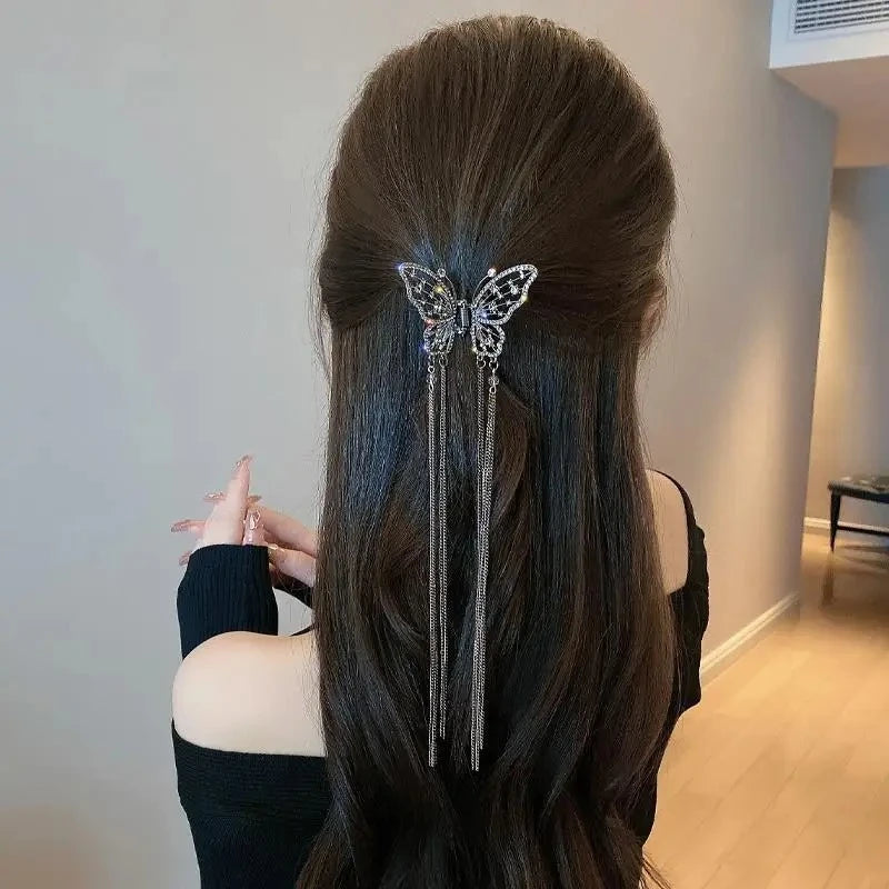 Hollow Butterfly Tassel Hairpin Korean Girl Rhinestone Ponytail Hair Grabber Elegant Pearl Hair Accessories for Women hairclips