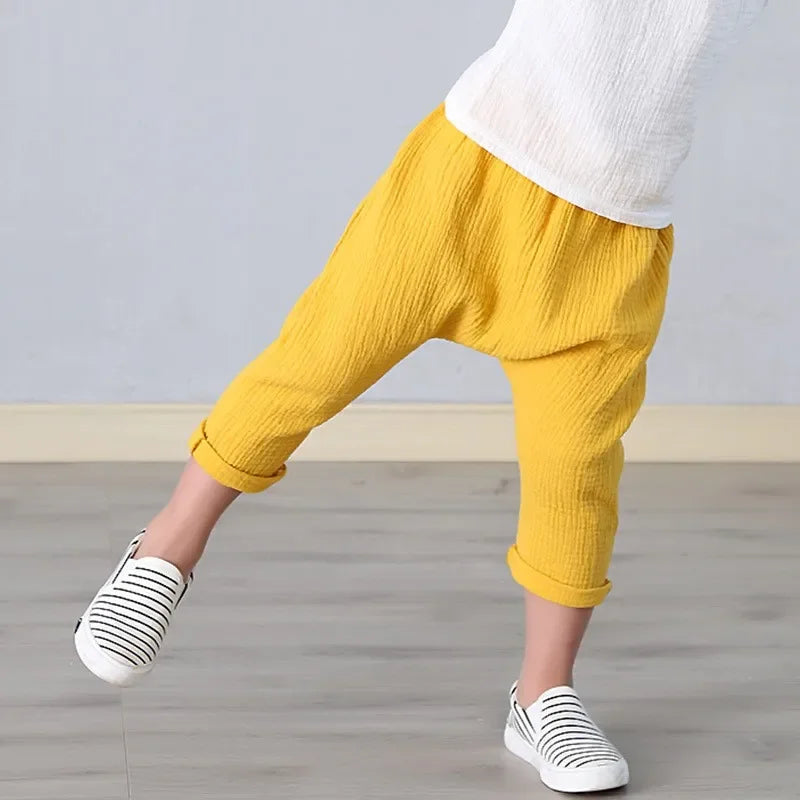 Kids Pants Boy Girl Summer Solid Color Linen Pleated Trousers Children Ankle-length Pants for Baby Casual Harem Pants  bottom boys