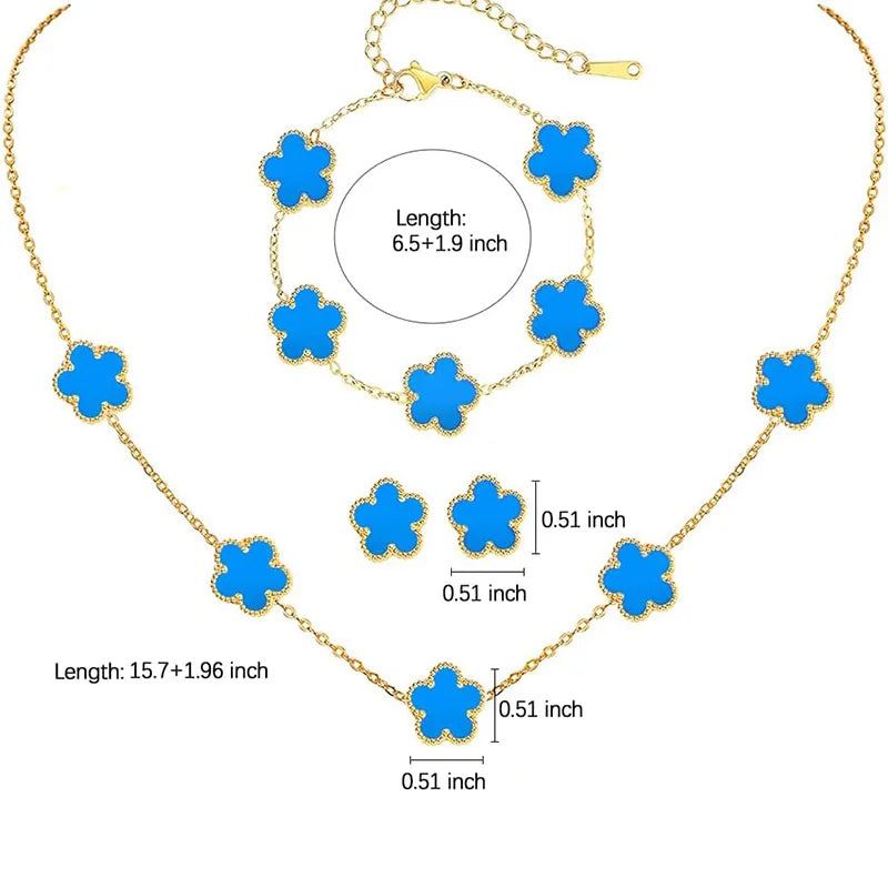 Stainless Steel Sets Earrings Necklace Bracelet Christmas Birthday Gifts Gold Plated Women's Double Sided Flower Elegant Fashion necklace