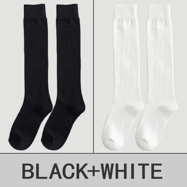 2 Pairs Women Cotton Knee High Socks Black White Solid color Fashion Casual Calf Sock Female Girl Party Dancing Sexy Long Socks