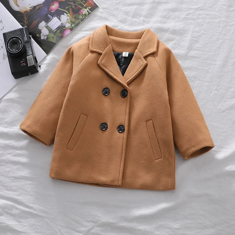 Autumn Winter Boys Fashion Jacket Solid Color Lapel Double-Breasted Long Woollen Overcoat For 2-6 Years Boys Handsome Outwear boys jackets and coats