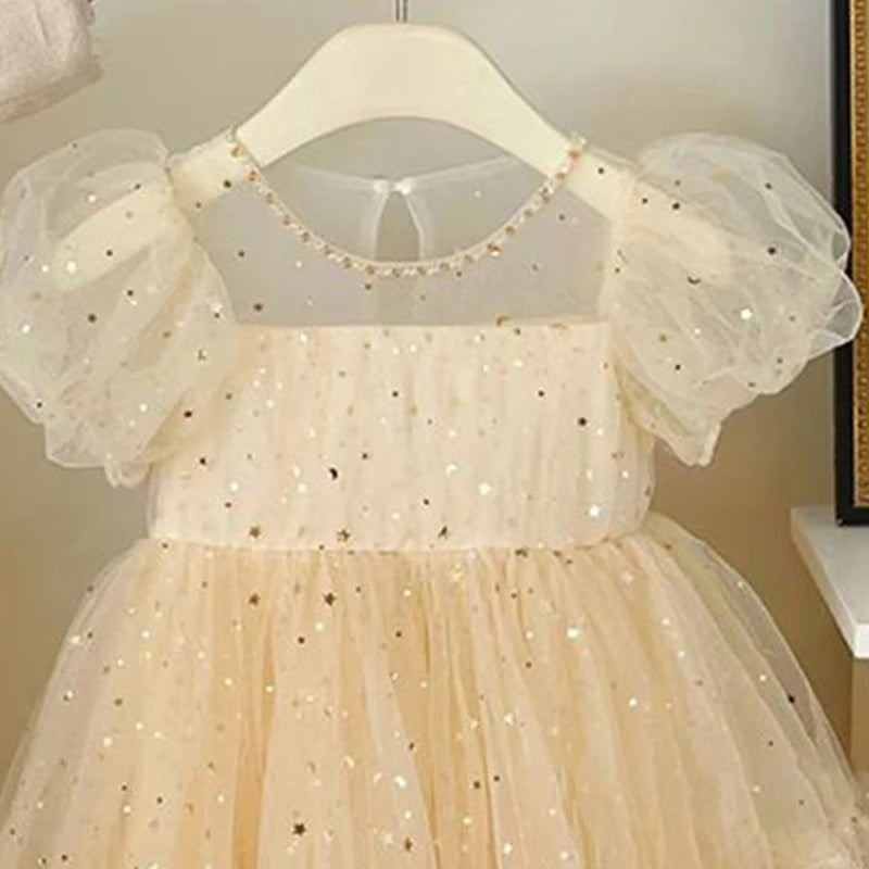 Summer Dresses Girls' Elegant Dress Girl Baby Bubble Sleeve Mesh Sequin Dress Temperament Princess Party Short Sleeve Dress girls dresses