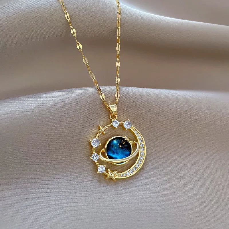 Luxury Inlaid Zircon Planet Moon Pendant Necklace For Women Titanium Steel Butterfly Water Drop Clavicle Chain Charm Jewelry  necklace