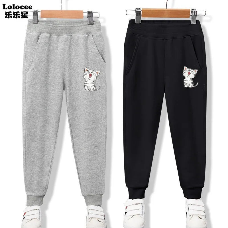 Cute Cat Cartoon Printed Girls Sweatpants Kids Sport Pants Teens Student Long Trousers For Kid 3-14 Year bottoms girls