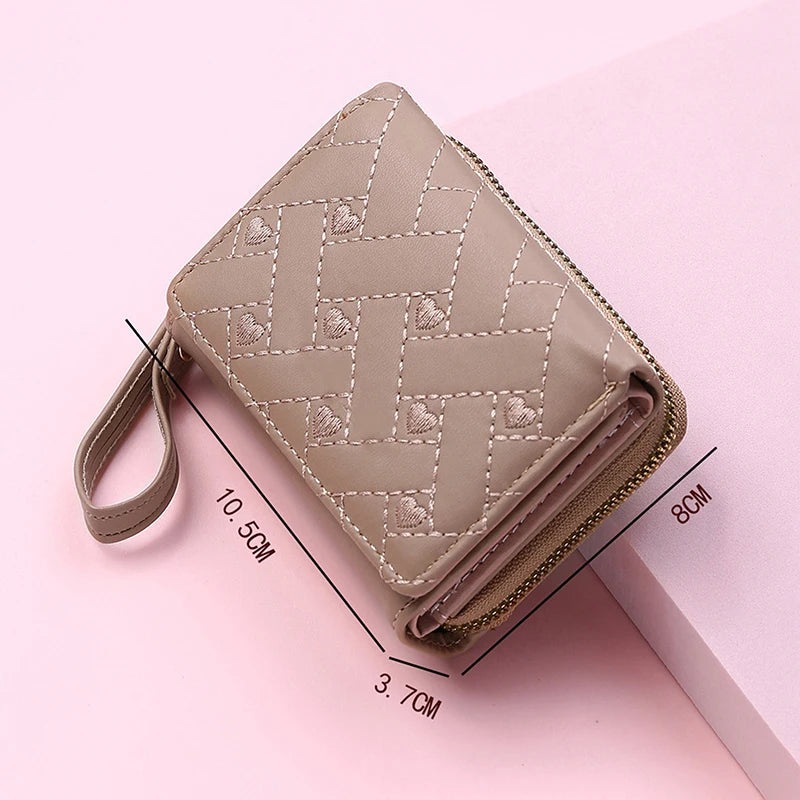 Women's Wallet Tri Fold Card Bag PU Multi Objects Pocket Short Fashion Embroidered Love Pattern Korean Minimalist New bags