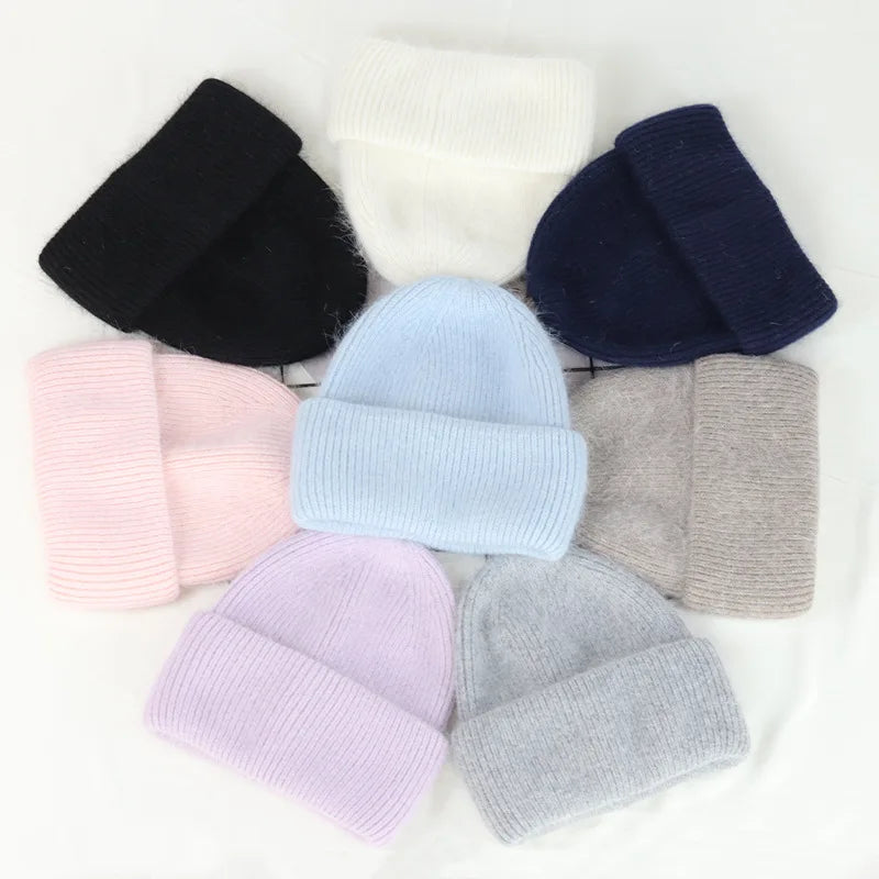 Fashion Warm Cashmere Wool Skullies Angola Rabbit Fur Winter Knitted Beanies Women Cap Female Three Fold Ski Outdoor  caps