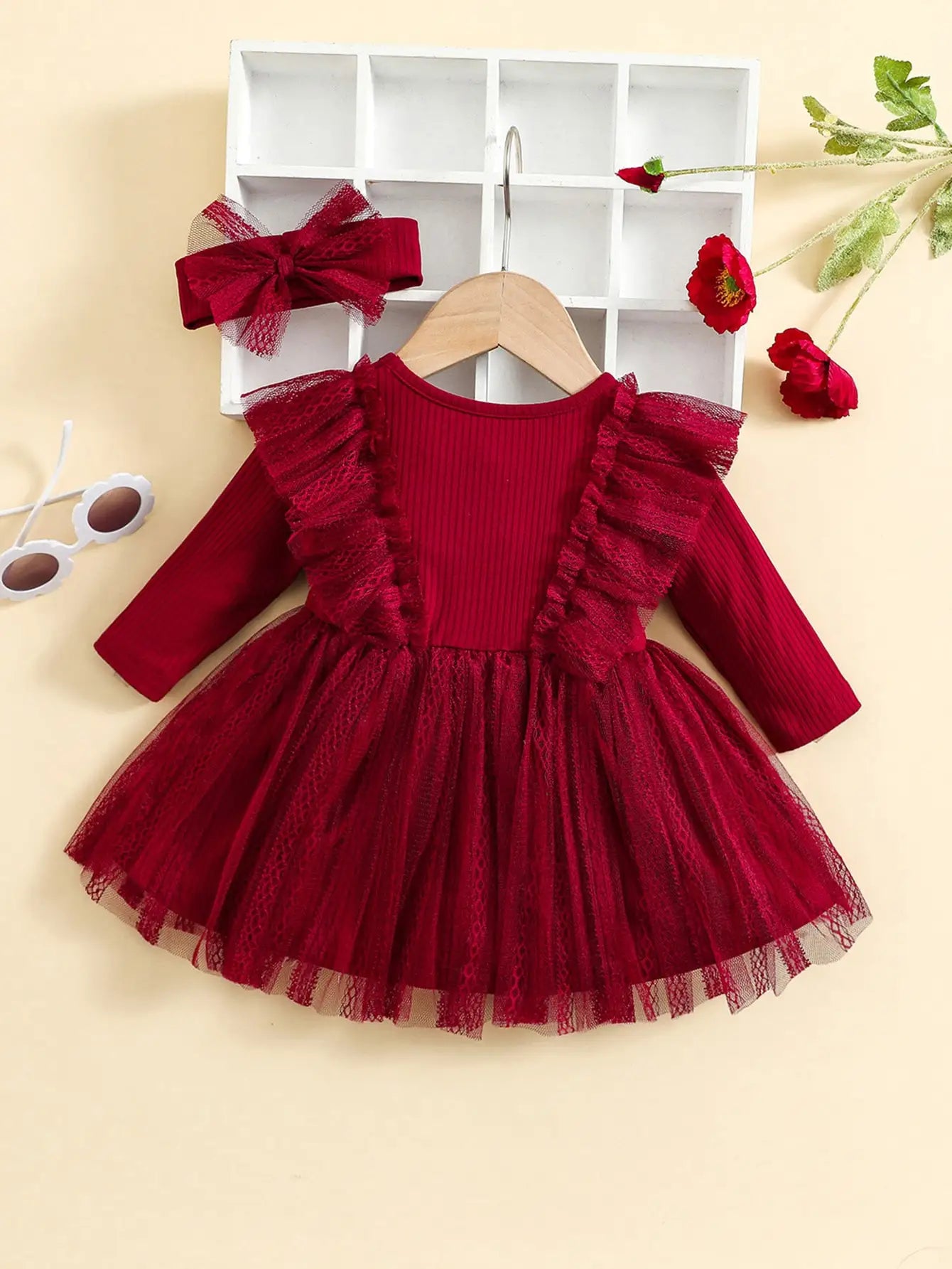 Two-Piece Baby Girl Romantic Small Flying Sleeve Long Sleeve Ruffled Mesh Dress + Bow Headscarf Spring And Autumn infants girls