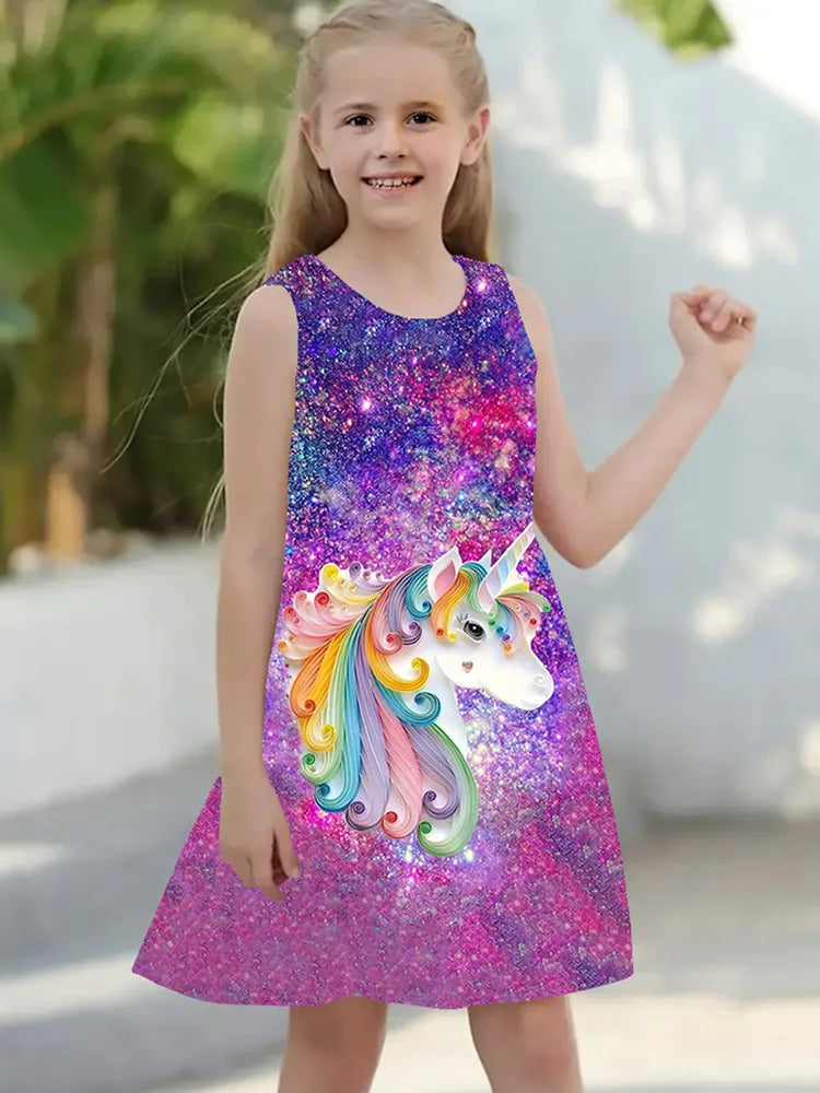 Summer Dress For Young Girls  Kids Clothes Casual Sleeveless 3D Print Children Princess Unicorn Girl Dress From 2 to 7 Years girls dresses