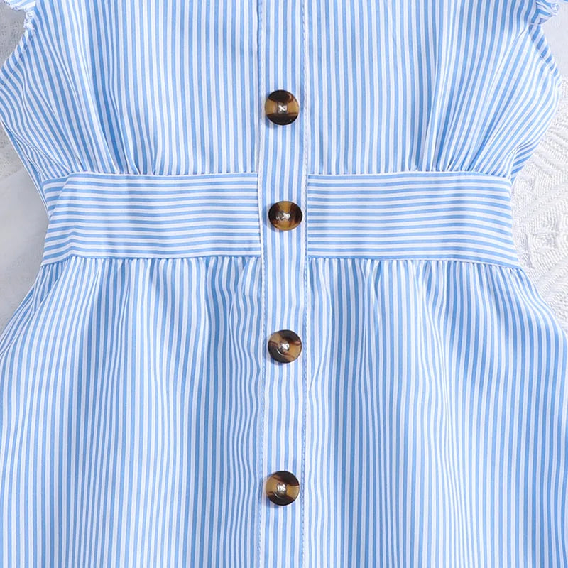 Girl Dress Summer New Light Blue Stripe Ruffled Sleeveless V-Neck Dress Elegant Cute Daily Casual Vacation Preppy Style Outifits girls dresses