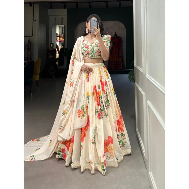 Flower Cream Printed Lengha Choli Indian Wedding Designer Lehenga Bridal Ghagra party lehnga