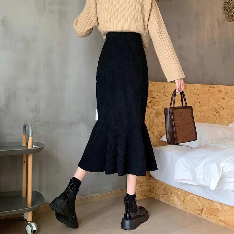 High Waist Midi Skirts for Women  Spring Slim Fit  Hip Mermaid Skirt Woman Korean Ruffles Brown Skirts