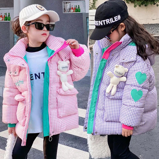 Winter Keep Warm Princess Girls Jacket Grid Design Padded Lining With Velvet Hooded Heavy Coat For Kids Sent Bear Doll girls jackets and coats