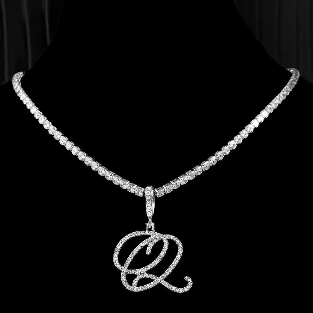 New Cursive Letters Cubic Zirconia Chain Intial Name Necklace Hip Hop Jewelry Gold Silver Color CZ 26 Alphabet Pendant Necklaces necklace