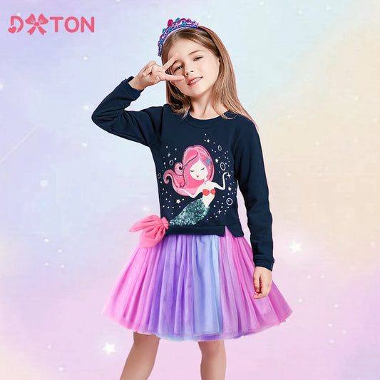 DXTON Children Sweater Dress For Girls Mermaid Patchwork Princess Tutu Dress Toddler Winter Clothing Cartoon Casual Girls dresses