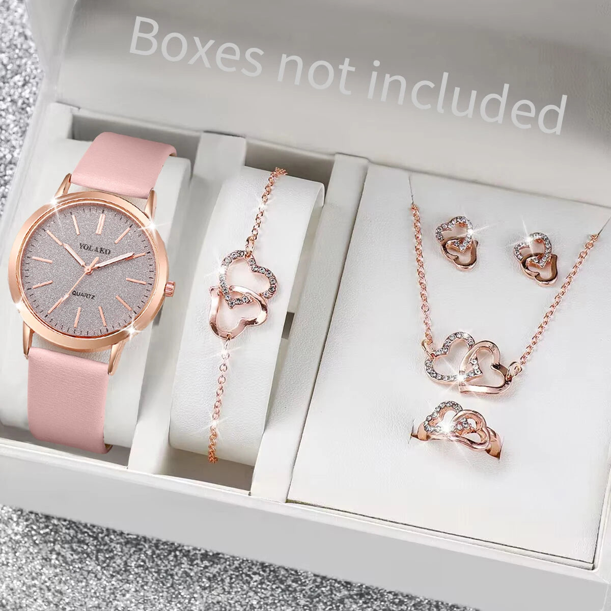 5PCS/Set Fashion Matte Dial Women Watches Diamond Heart Jewelry Set Casual Leather Band Quartz Watch（Without Box）watch