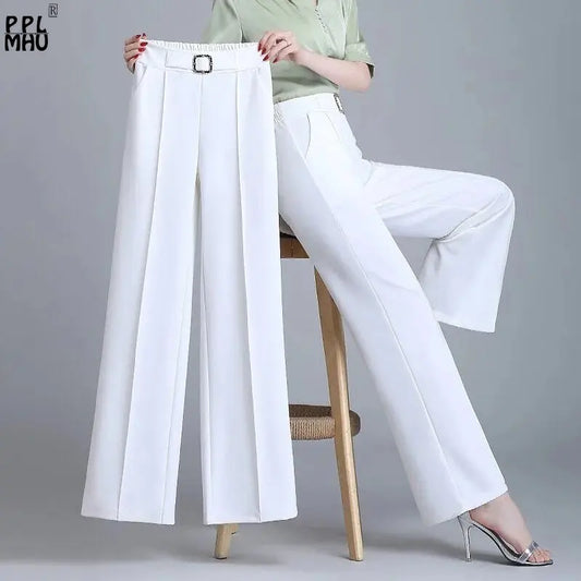 Khaki High Waist Ice Silk Wide Leg Pantalones 2023 Summer Design Mom's Straight Trousers Elegant Elastic Waist Baggy Pants Women bottom