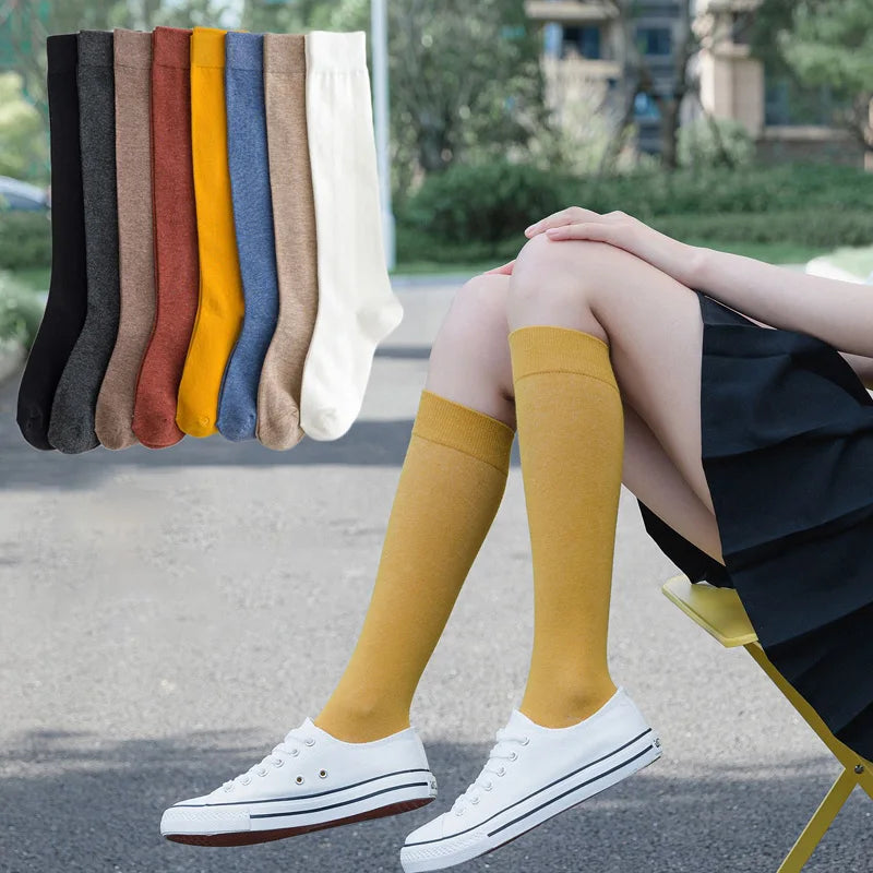 2 Pairs Women Cotton Knee High Socks Black White Solid color Fashion Casual Calf Sock Female Girl Party Dancing Sexy Long Socks