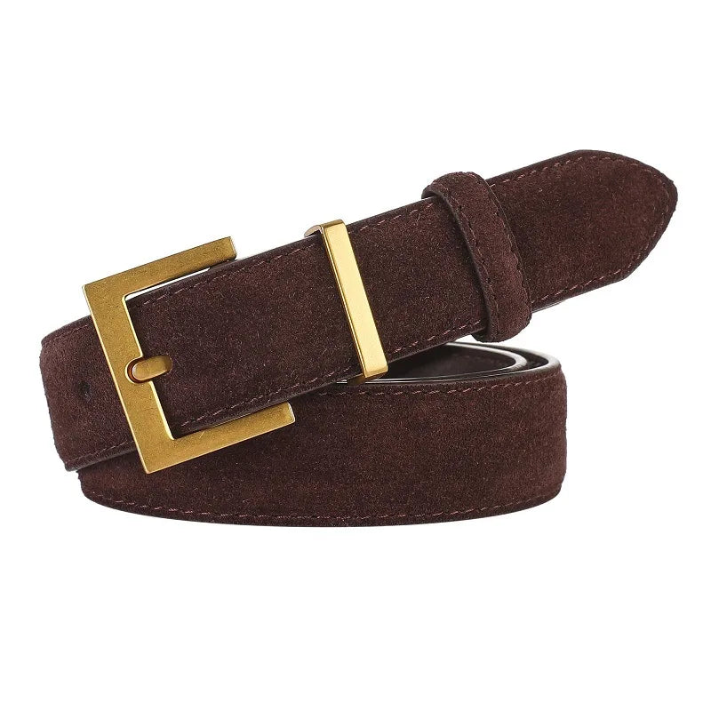 Women Luxury Brand Double Genuine Leather Belt, Casual Cowhide Suede Belts with Square Alloy Buckle for Jeans and Dresses belt