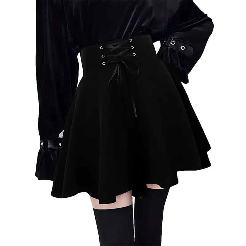 Streetwear Mall Goth Skirt Women Harajuku Y2k E-girl High Waist Bandage Black Mini Skirt