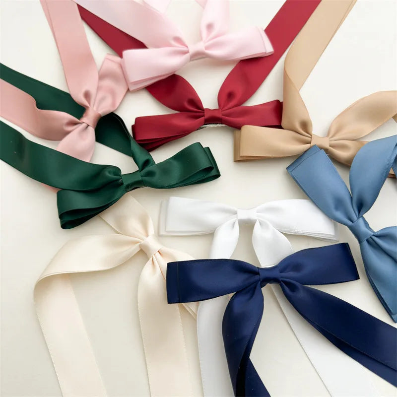 Women Elegant Bow Ribbon Hair Clip Fashion Solid Satin Spring Clip Simple Bowknot Hairpins Barrettes Hair Accessories for Girls   hairclips