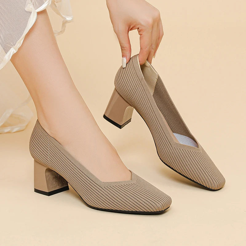 Women's high heels with multiple square toe knitted breathable and comfortable shoes for the new autumn of heel shoes