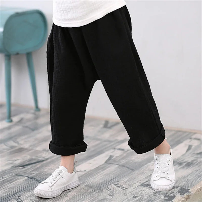 Kids Pants Boy Girl Summer Solid Color Linen Pleated Trousers Children Ankle-length Pants for Baby Casual Harem Pants  bottom boys