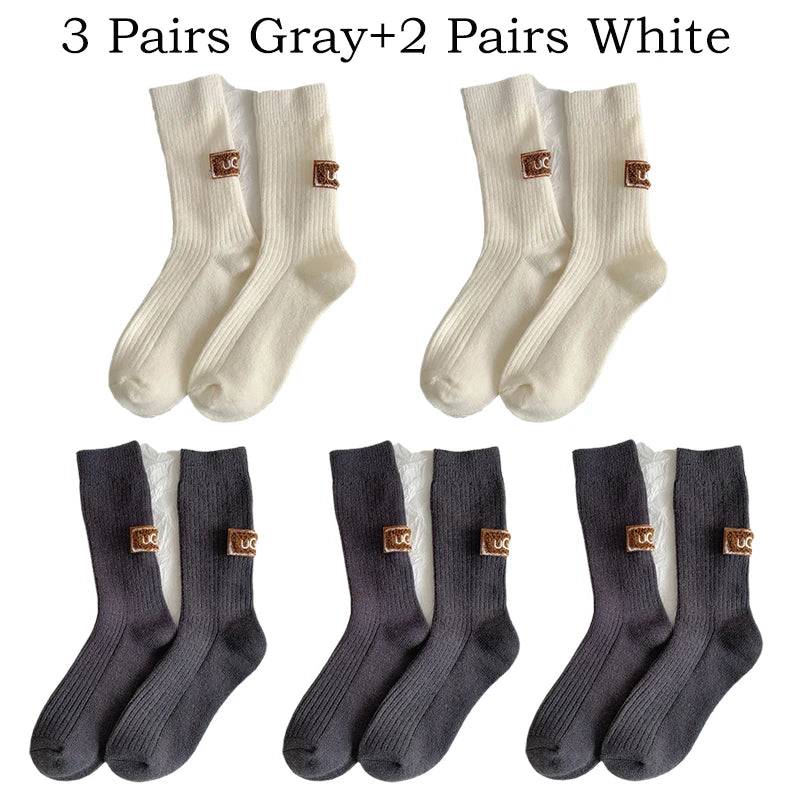 5 Pairs Winter Socks Women Cashmere Wool Socks Solid Warm Thickened Pile Embroidered Logo Mid-Calf Socks Casual Snow Boot Socks