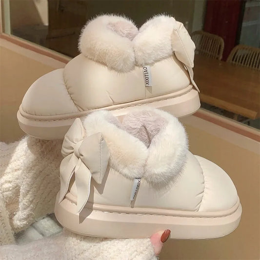 Cute Warm Ankle Boots Winter Women's Bow Warmth Plush Bow New Waterproof Down Cloth Short Barrel Snow Boots ankle boots