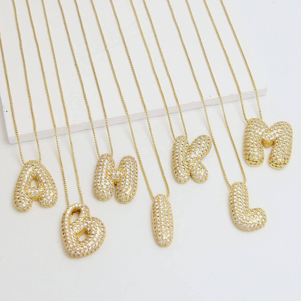 Sparkly CZ Zircon Letter Initial Necklace for Women Box Chain Gold Plated Balloon Bubble A-Z Pendant Neckalces Jewelry Gift  necklace