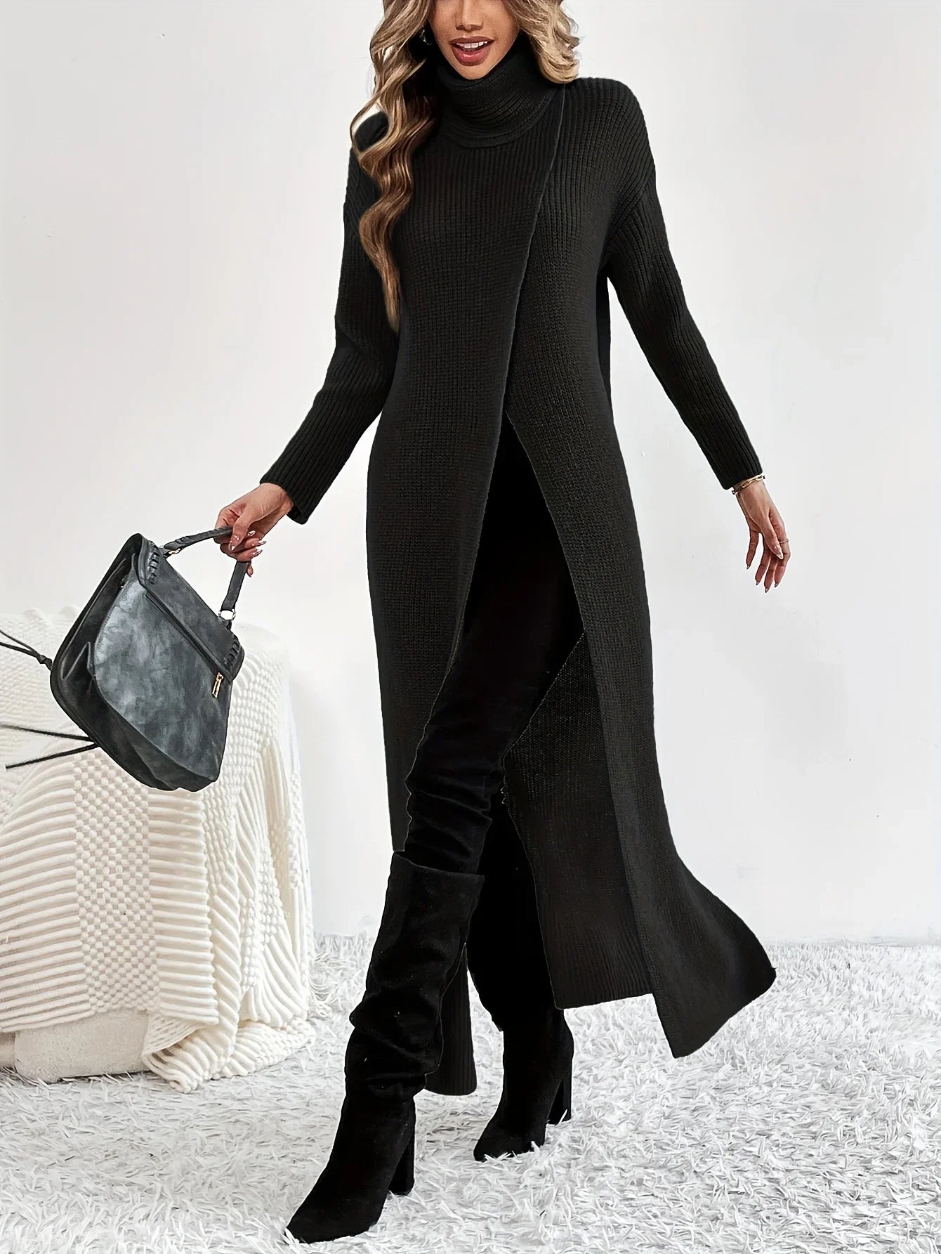 Elegant Long Knitting Sweater Women High Neck with Split Hem For Female Winter Warm Turtleneck Pullovers Maxi Dress  sweater