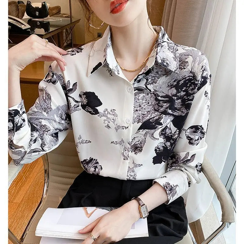 Polo Collar Long Sleeve Printed Blouse Casual Versatile Western Commuting Sweet Clothing Women Shirts