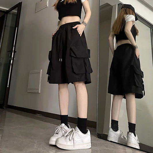 Women High Waist Cargo Shorts American Style Streetwear Summer Wide Leg Pants Fashion Female Big Pocket Loose Shorts