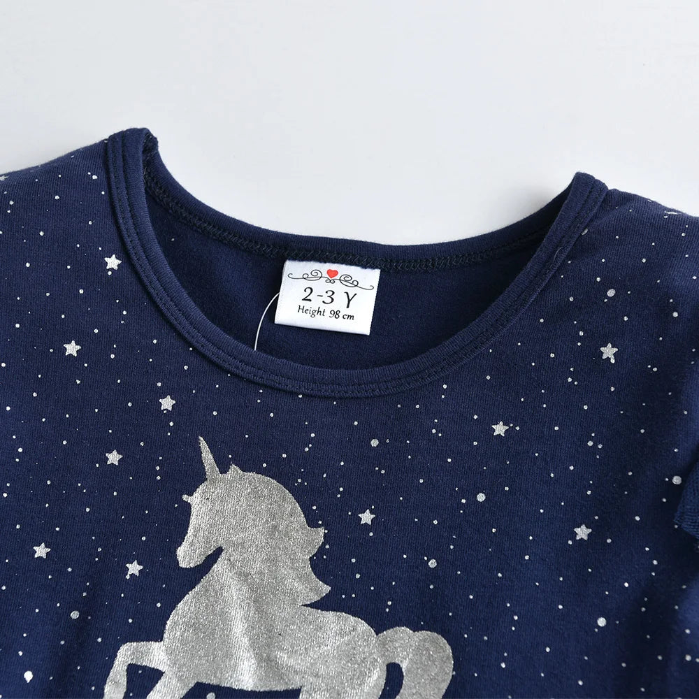 Kids Flare Sleeve Autumn Spring Dress Girls Licorne Cartoon Dress Kids Gradient Birthday Party Navy Princess Dresses girls dresses